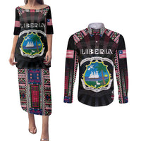 Personalized Liberia Roots Couples Matching Puletasi and Long Sleeve Button Shirt African Map in Fingerprint and Tribal Colors
