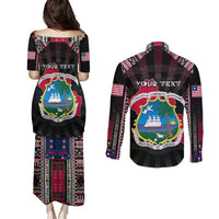 Personalized Liberia Roots Couples Matching Puletasi and Long Sleeve Button Shirt African Map in Fingerprint and Tribal Colors