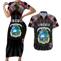 Personalized Liberia Roots Couples Matching Short Sleeve Bodycon Dress and Hawaiian Shirt African Map in Fingerprint and Tribal Colors