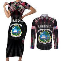 Personalized Liberia Roots Couples Matching Short Sleeve Bodycon Dress and Long Sleeve Button Shirt African Map in Fingerprint and Tribal Colors
