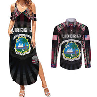 Personalized Liberia Roots Couples Matching Summer Maxi Dress and Long Sleeve Button Shirt African Map in Fingerprint and Tribal Colors