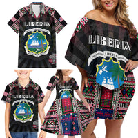 Personalized Liberia Roots Family Matching Off Shoulder Short Dress and Hawaiian Shirt African Map in Fingerprint and Tribal Colors