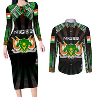 Personalized Niger Roots Couples Matching Long Sleeve Bodycon Dress and Long Sleeve Button Shirt African Map in Fingerprint and Tribal Colors
