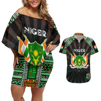 Personalized Niger Roots Couples Matching Off Shoulder Short Dress and Hawaiian Shirt African Map in Fingerprint and Tribal Colors