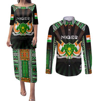 Personalized Niger Roots Couples Matching Puletasi and Long Sleeve Button Shirt African Map in Fingerprint and Tribal Colors