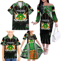 Personalized Niger Roots Family Matching Off The Shoulder Long Sleeve Dress and Hawaiian Shirt African Map in Fingerprint and Tribal Colors