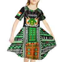 Personalized Niger Roots Kid Short Sleeve Dress African Map in Fingerprint and Tribal Colors