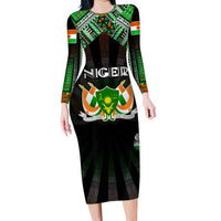 Personalized Niger Roots Long Sleeve Bodycon Dress African Map in Fingerprint and Tribal Colors