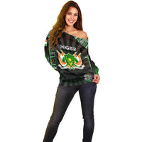 Personalized Niger Roots Off Shoulder Sweater African Map in Fingerprint and Tribal Colors