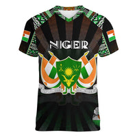 Personalized Niger Roots Women V-Neck T-Shirt African Map in Fingerprint and Tribal Colors