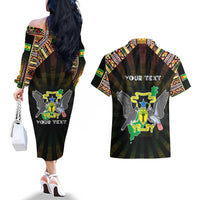 Personalized Sao Tome and Principe Roots Couples Matching Off The Shoulder Long Sleeve Dress and Hawaiian Shirt African Map in Fingerprint and Tribal Colors