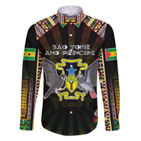Personalized Sao Tome and Principe Roots Family Matching Off The Shoulder Long Sleeve Dress and Hawaiian Shirt African Map in Fingerprint and Tribal Colors