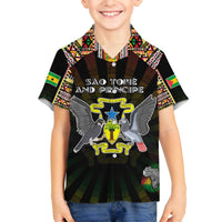 Personalized Sao Tome and Principe Roots Family Matching Off The Shoulder Long Sleeve Dress and Hawaiian Shirt African Map in Fingerprint and Tribal Colors