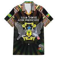 Personalized Sao Tome and Principe Roots Family Matching Off Shoulder Short Dress and Hawaiian Shirt African Map in Fingerprint and Tribal Colors