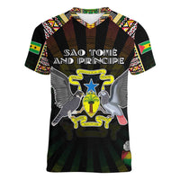 Personalized Sao Tome and Principe Roots Women V-Neck T-Shirt African Map in Fingerprint and Tribal Colors