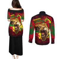 Unapologetically Black and Proud Couples Matching Puletasi Dress and Long Sleeve Button Shirts Africa Map with Lion - Wonder Print Shop
