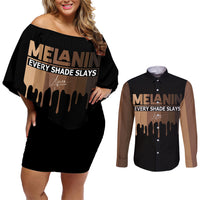 Every Shade Slays Melanin Couples Matching Off Shoulder Short Dress and Long Sleeve Button Shirts African Signature - Wonder Print Shop