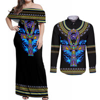 Egyptian Ankh Golden Blue Fire Couples Matching Off Shoulder Maxi Dress and Long Sleeve Button Shirts - Wonder Print Shop