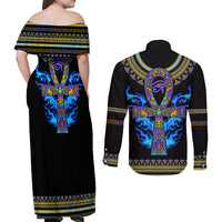 Egyptian Ankh Golden Blue Fire Couples Matching Off Shoulder Maxi Dress and Long Sleeve Button Shirts - Wonder Print Shop