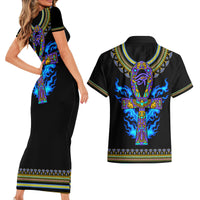 Egyptian Ankh Golden Blue Fire Couples Matching Short Sleeve Bodycon Dress and Hawaiian Shirt - Wonder Print Shop