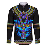 Egyptian Ankh Golden Blue Fire Family Matching Off Shoulder Maxi Dress and Hawaiian Shirt - Wonder Print Shop