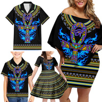 Egyptian Ankh Golden Blue Fire Family Matching Off Shoulder Short Dress and Hawaiian Shirt - Wonder Print Shop