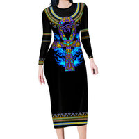 Egyptian Ankh Golden Blue Fire Long Sleeve Bodycon Dress - Wonder Print Shop