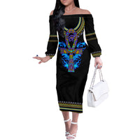 Egyptian Ankh Golden Blue Fire Off The Shoulder Long Sleeve Dress - Wonder Print Shop