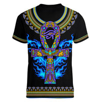 Egyptian Ankh Golden Blue Fire Women V Neck T Shirt - Wonder Print Shop