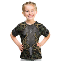 Skull Deer Hunting Camouflage Pattern Kid T Shirt Rustic Hunting Metal Mesh Background Art - Wonder Print Shop