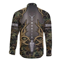 Skull Deer Hunting Camouflage Pattern Long Sleeve Button Shirt Rustic Hunting Metal Mesh Background Art - Wonder Print Shop