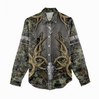 Skull Deer Hunting Camouflage Pattern Women Casual Shirt Rustic Hunting Metal Mesh Background Art - Wonder Print Shop