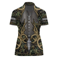 Skull Deer Hunting Camouflage Pattern Women Polo Shirt Rustic Hunting Metal Mesh Background Art - Wonder Print Shop