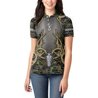 Skull Deer Hunting Camouflage Pattern Women Polo Shirt Rustic Hunting Metal Mesh Background Art - Wonder Print Shop