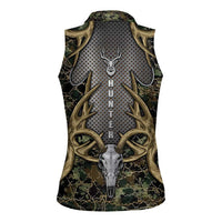 Skull Deer Hunting Camouflage Pattern Women Sleeveless Polo Shirt Rustic Hunting Metal Mesh Background Art - Wonder Print Shop