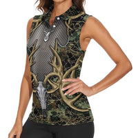 Skull Deer Hunting Camouflage Pattern Women Sleeveless Polo Shirt Rustic Hunting Metal Mesh Background Art - Wonder Print Shop