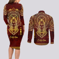 Personalized Anubis Couples Matching Long Sleeve Bodycon Dress and Long Sleeve Button Shirt Ancient Egyptian Pattern In Red - Wonder Print Shop