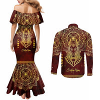 Personalized Anubis Couples Matching Mermaid Dress and Long Sleeve Button Shirt Ancient Egyptian Pattern In Red