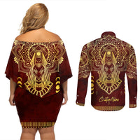Personalized Anubis Couples Matching Off Shoulder Short Dress and Long Sleeve Button Shirt Ancient Egyptian Pattern In Red - Wonder Print Shop