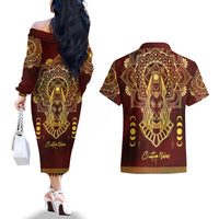 Personalized Anubis Couples Matching Off The Shoulder Long Sleeve Dress and Hawaiian Shirt Ancient Egyptian Pattern In Red - Wonder Print Shop