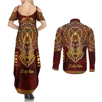 Personalized Anubis Couples Matching Summer Maxi Dress and Long Sleeve Button Shirt Ancient Egyptian Pattern In Red - Wonder Print Shop