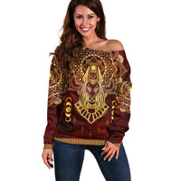 Personalized Anubis Off Shoulder Sweater Ancient Egyptian Pattern In Red - Wonder Print Shop