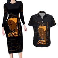 Personalized Beautiful Black Girl Couples Matching Long Sleeve Bodycon Dress and Hawaiian Shirt Women Africa - Wonder Print Shop