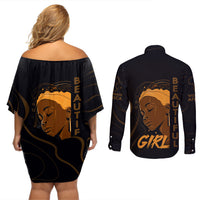Personalized Beautiful Black Girl Couples Matching Off Shoulder Short Dress and Long Sleeve Button Shirt Women Africa - Wonder Print Shop