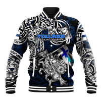 Personalized Finland Viking Blood Baseball Jacket Nordic Runes and Shield of Ancestry in Tribal Knotwork