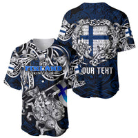 Personalized Finland Viking Blood Baseball Jersey Nordic Runes and Shield of Ancestry in Tribal Knotwork