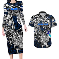 Personalized Finland Viking Blood Couples Matching Long Sleeve Bodycon Dress and Hawaiian Shirt Nordic Runes and Shield of Ancestry in Tribal Knotwork
