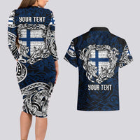 Personalized Finland Viking Blood Couples Matching Long Sleeve Bodycon Dress and Hawaiian Shirt Nordic Runes and Shield of Ancestry in Tribal Knotwork