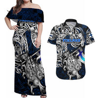 Personalized Finland Viking Blood Couples Matching Off Shoulder Maxi Dress and Hawaiian Shirt Nordic Runes and Shield of Ancestry in Tribal Knotwork