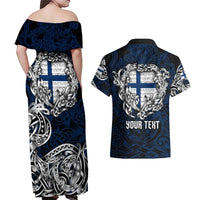 Personalized Finland Viking Blood Couples Matching Off Shoulder Maxi Dress and Hawaiian Shirt Nordic Runes and Shield of Ancestry in Tribal Knotwork